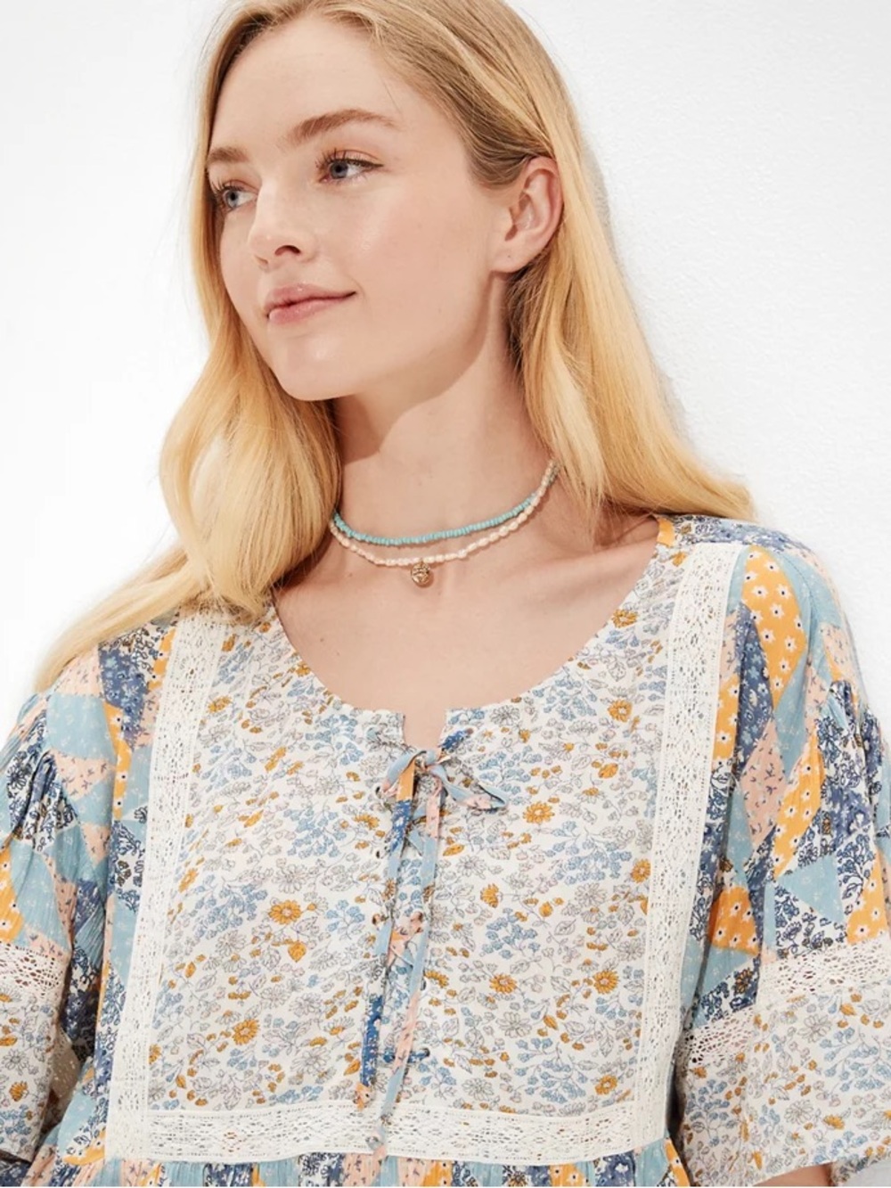 AE Floral Lace-Up Flutter-Sleeve Blouse